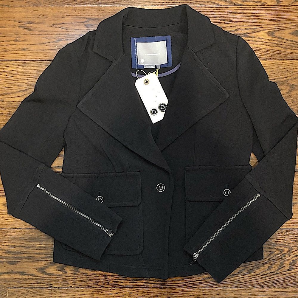 ANTHROPOLOGIE Black Tailored Moto Zipper Sleeve Button Front Pea Coat Blazer NWT